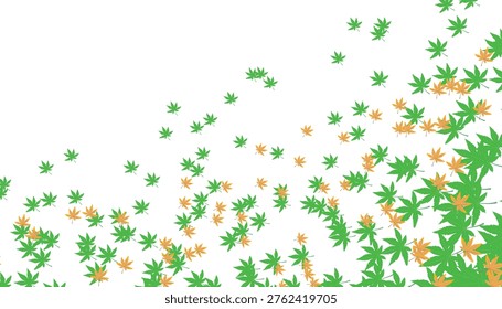 Scattered green and orange maple leaves on white background