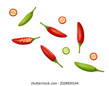Scattered green and red bird's eye chili peppers with halved pod and slices isolated on white background. Realistic vector illustration.