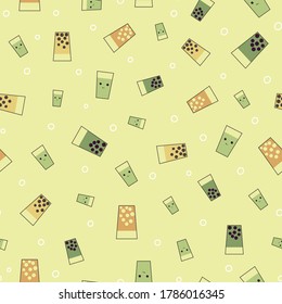 Geschenkter grüner Tee mit Tapioca Perlen nahtlose Vektormuster. Cute-Take-away-Getränkemuster-Oberflächendesign für Stoffe, Schreibwaren, Menüs, Geschenkverpackungen, Schrapbuchpapier und Verpackungen.
