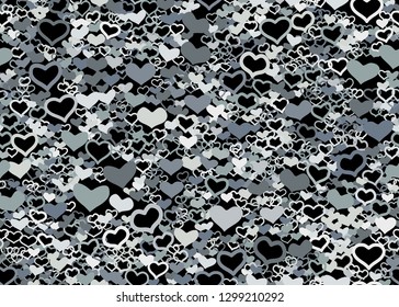 Scattered grey silver heart on black background. Doodle hearts seamless pattern.  Vector illustration template for print, textile, valentines day cards, linen, wrapping.