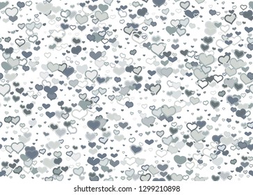 Scattered grey silver heart on white background. Doodle hearts seamless pattern.  Vector illustration template for print, textile, valentines day cards, linen, wrapping.