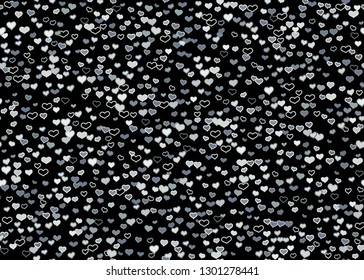 Scattered grey silver heart on black background. Doodle hearts seamless pattern.  Vector illustration template for print, textile, valentines day cards, linen, wrapping.