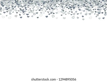 Scattered grey silver hearts frame on white background. Doodle heart Valentines Day confetti template for February 14th. Vector illustration for greeting, special business cards, ads, voucher, banner.