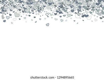 Scattered grey silver hearts frame on white background. Doodle heart Valentines Day confetti template for February 14th. Vector illustration for greeting, special business cards, ads, voucher, banner.