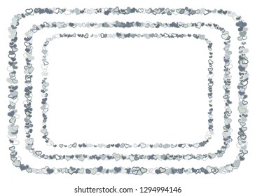 Scattered grey silver hearts frame on white background. Doodle heart Valentines Day confetti template for February 14th. Vector illustration for greeting, special business cards, ads, voucher, banner.
