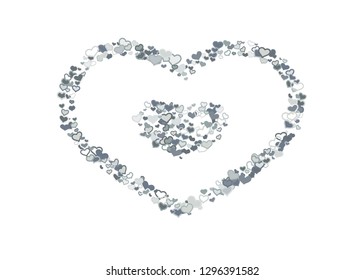 Scattered grey silver hearts frame on white background. Doodle heart Valentines Day confetti template for February 14th. Vector illustration for greeting, special business cards, ads, voucher, banner.