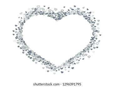 Scattered grey silver hearts frame on white background. Doodle heart Valentines Day confetti template for February 14th. Vector illustration for greeting, special business cards, ads, voucher, banner.