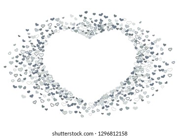 Scattered grey silver hearts frame on white background. Doodle heart Valentines Day confetti template for February 14th. Vector illustration for greeting, special business cards, ads, voucher, banner.