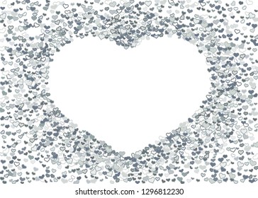 Scattered grey silver hearts frame on white background. Doodle heart Valentines Day confetti template for February 14th. Vector illustration for greeting, special business cards, ads, voucher, banner.
