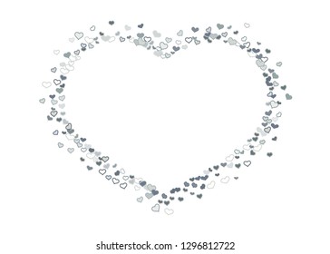 Scattered grey silver hearts frame on white background. Doodle heart Valentines Day confetti template for February 14th. Vector illustration for greeting, special business cards, ads, voucher, banner.