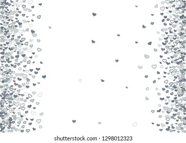 Scattered grey silver hearts frame on white background. Doodle heart Valentines Day confetti template for February 14th. Vector illustration for greeting, special business cards, ads, voucher, banner.