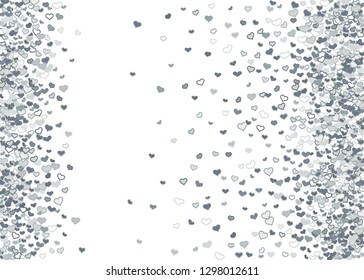 Scattered grey silver hearts frame on white background. Doodle heart Valentines Day confetti template for February 14th. Vector illustration for greeting, special business cards, ads, voucher, banner.