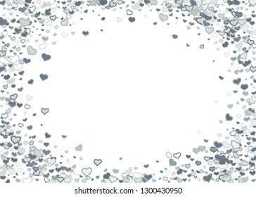 Scattered grey silver hearts frame on white background. Doodle heart Valentines Day confetti template for February 14th. Vector illustration for greeting, special business cards, ads, voucher, banner.
