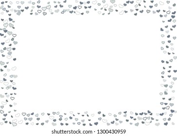 Scattered grey silver hearts frame on white background. Doodle heart Valentines Day confetti template for February 14th. Vector illustration for greeting, special business cards, ads, voucher, banner.