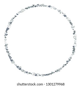 Scattered grey silver hearts frame on white background. Doodle heart Valentines Day confetti template for February 14th. Vector illustration for greeting, special business cards, ads, voucher, banner.