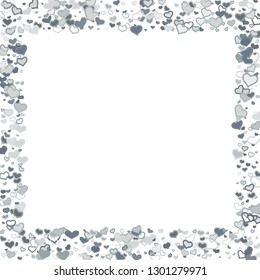 Scattered grey silver hearts frame on white background. Doodle heart Valentines Day confetti template for February 14th. Vector illustration for greeting, special business cards, ads, voucher, banner.