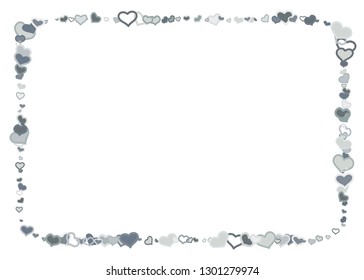 Scattered grey silver hearts frame on white background. Doodle heart Valentines Day confetti template for February 14th. Vector illustration for greeting, special business cards, ads, voucher, banner.