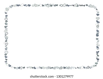 Scattered grey silver hearts frame on white background. Doodle heart Valentines Day confetti template for February 14th. Vector illustration for greeting, special business cards, ads, voucher, banner.