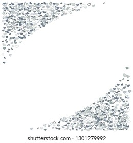 Scattered grey silver hearts frame on white background. Doodle heart Valentines Day confetti template for February 14th. Vector illustration for greeting, special business cards, ads, voucher, banner.
