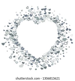 Scattered grey silver hearts frame on white background. Doodle heart Valentines Day confetti template for February 14th. Vector illustration for greeting, special business cards, ads, voucher, banner.
