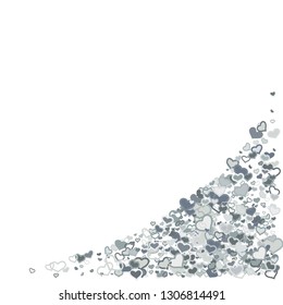 Scattered grey silver hearts frame on white background. Doodle heart Valentines Day confetti template for February 14th. Vector illustration for greeting, special business cards, ads, voucher, banner.