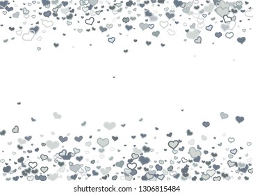Scattered grey silver hearts frame on white background. Doodle heart Valentines Day confetti template for February 14th. Vector illustration for greeting, special business cards, ads, voucher, banner.