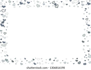 Scattered grey silver hearts frame on white background. Doodle heart Valentines Day confetti template for February 14th. Vector illustration for greeting, special business cards, ads, voucher, banner.