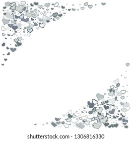 Scattered grey silver hearts frame on white background. Doodle heart Valentines Day confetti template for February 14th. Vector illustration for greeting, special business cards, ads, voucher, banner.
