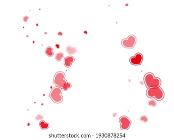 Gespeicherte, verstreute Herzen fallen valentiner Hintergrund. Abstrakte Grußkartenhintergrund. Ruby-rote Herzen lieben Leidenschaftssymbole einzeln auf transparentem Hintergrund. Valentinstag süße Dekoration.