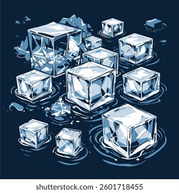 Scattered ice blocks float, reflecting light as they slowly break apart in the water