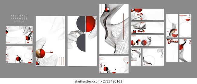 Verstreute Layouts Grid Play Retro Ästhetik Poster Set. Entwerfen Sie japanische Stilvorlagen, die Einladungen zu Linien und abstrakten Hintergründen festlegen