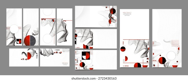 Dispersos Layouts Grid Play Conjunto de pósters de estética retro. Diseño Plantillas de estilo japonés establecer invitaciones a líneas fondos abstractos