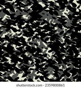 A lot of scattered leaves. Mottled textile pattern in tones of black, gray and light grey. Camouflage seamless. Grunge background.