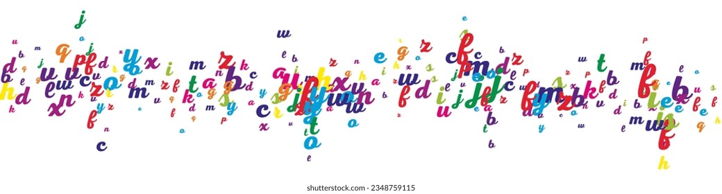 Geschachtelte Buchstaben des lateinischen Alphabets. Farbenfrohe kindliche schwimmende Charaktere der englischen Sprache. Fremdsprachen lernen Konzept. Zurück zu Schulbanner auf weißem Hintergrund.