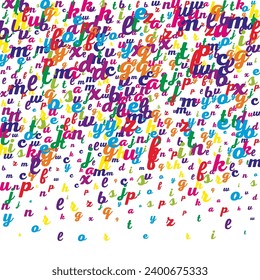 Scattered letters of latin alphabet. Colorful childish floating characters of English language. Foreign languages study concept. Back to school banner on white background.