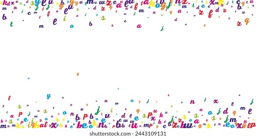 Scattered letters of latin alphabet. Colorful childish floating characters of English language. Foreign languages study concept. Back to school banner on white background.