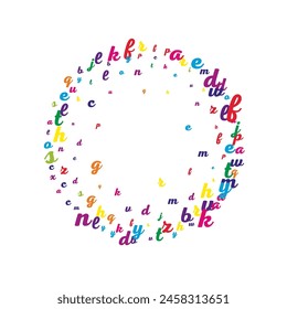 Scattered letters of latin alphabet. Colorful childish floating characters of English language. Foreign languages study concept. Back to school banner on white background.