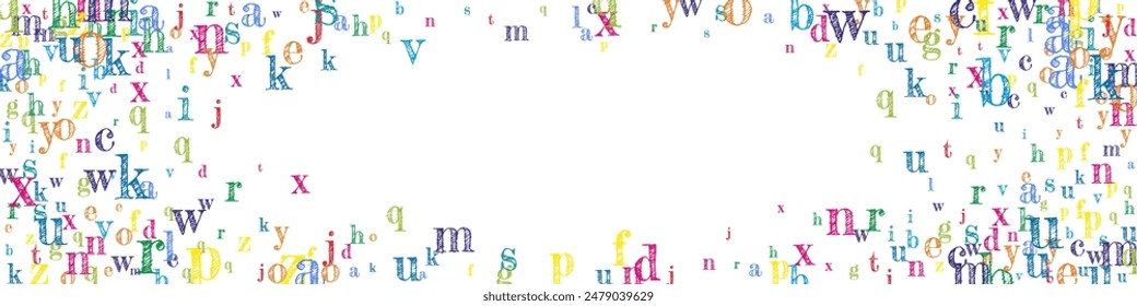 Scattered letters of latin alphabet. Colorful childish floating characters of English language. Foreign languages study concept. Back to school banner on white background.