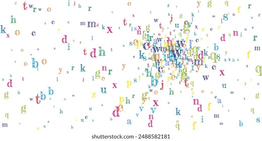 Letras dispersas del alfabeto latino. Coloridos personajes flotantes infantiles del idioma inglés. Concepto de estudio de lenguas extranjeras. Anuncio de vuelta a la escuela sobre fondo blanco.