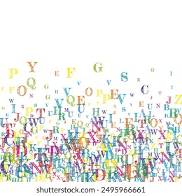 Scattered letters of latin alphabet. Colorful childish floating characters of English language. Foreign languages study concept. Back to school banner on white background.