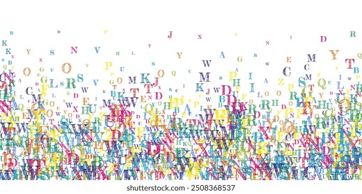 Scattered letters of latin alphabet. Colorful childish floating characters of English language. Foreign languages study concept. Back to school banner on white background.