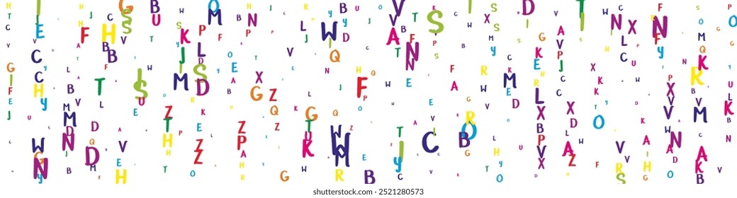 Scattered letters of latin alphabet. Colorful childish floating characters of English language. Foreign languages study concept. Back to school banner on white background.