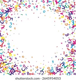 Scattered letters of latin alphabet. Colorful childish floating characters of English language. Foreign languages study concept. Back to school banner on white background.