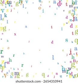 Letras dispersas do alfabeto latino. Caracteres flutuantes infantis coloridos da língua inglesa. Conceito de estudo de línguas estrangeiras. De volta ao banner da escola sobre fundo branco.