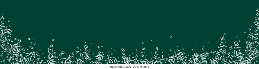 Scattered letters of latin alphabet. White chalk  floating characters of English language. Foreign languages study concept. Back to school banner on blackboard background.