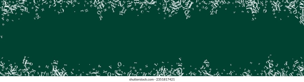 Scattered letters of latin alphabet. White chalk  floating characters of English language. Foreign languages study concept. Back to school banner on blackboard background.