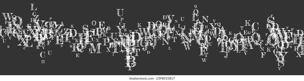 Scattered letters of latin alphabet. White chalk  floating characters of English language. Foreign languages study concept. Back to school banner on blackboard background.