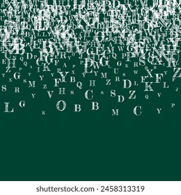 Scattered letters of latin alphabet. White chalk  floating characters of English language. Foreign languages study concept. Back to school banner on blackboard background.