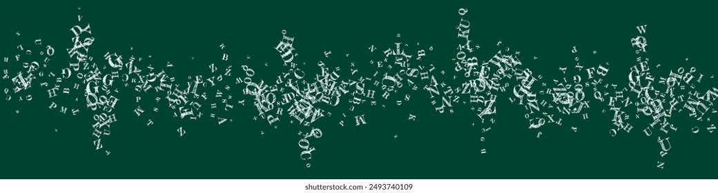 Scattered letters of latin alphabet. White chalk  floating characters of English language. Foreign languages study concept. Back to school banner on blackboard background.