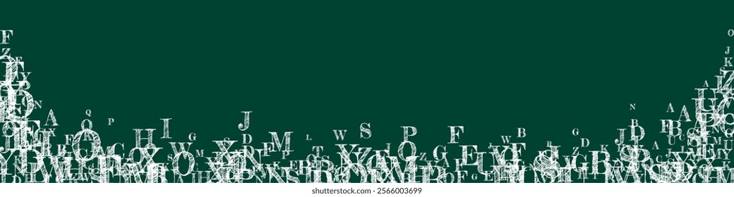 Scattered letters of latin alphabet. White chalk  floating characters of English language. Foreign languages study concept. Back to school banner on blackboard background.